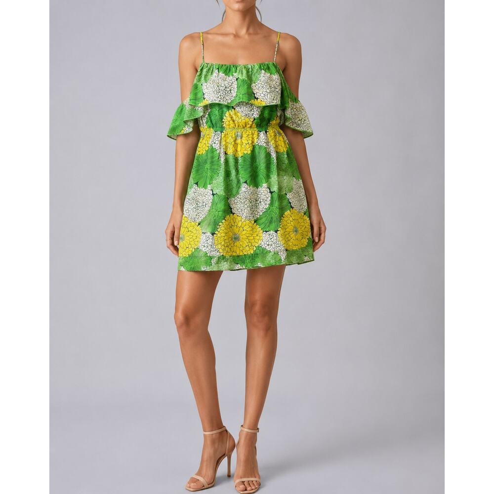 Juicy Couture 14 Green Yellow Floral Silk/Cotton Blend Off Shoulder Dress